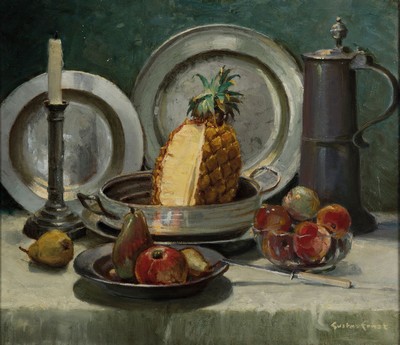 Gustav Ernst, 1858 Elsterberg-1945 Bad Dürkheim, Stillleben mit Ananas, Äpfeln und Zinngeschirr, Öl/Lwd, rechts unten sign., ca. 50x59cm, R. ca. ...