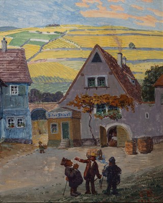 Gustav Ernst, 1858 Elsterberg-1945 Bad Dürkheim, Drei Männer vor einem Weingut, Öl/Malkarton, rechts unten monogr. G.E. 1912, 30x25cm, R. ca. ...