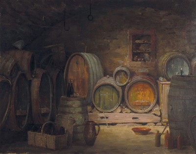 Gustav Ernst, 1858 Elsterberg-1945 Bad Dürkheim, Interieur, im Weinkeller, Öl/Malkarton, links unten sign., ca. 45x57cm, R. ca. 54x65cm