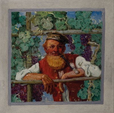 Gustav Ernst, 1858 Elsterberg-1945 Bad Dürkheim, Winzer in den Reben, Öl/Malkarton, links unten monogr. und dat. 1944, ca. 37x36 cm, R. ca. 42x41cm