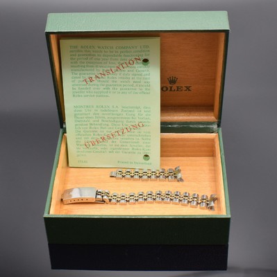 ROLEX Band für Damenarmbanduhr, Box und Übersetzung, Schweiz, 1) Band Ref. 62523-D14 in Stahl/Gold, an d. Schließe def., zu rep. o. als ...