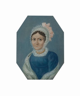 Unbekannter Künstler des Biedermeier, deutsch,um 1830-40, Porträt einer Frau im blauen Kleid mit Spitzenhaube, Pastell auf Papier, 8-eckiger ...
