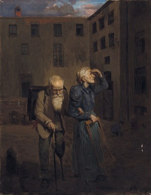 Heinrich Gottselig, 1884 Oswiecim-1935 Frankfurt am Main, Altes Paar in einem Hinterhof, in den Himmel blickend, Öl/Lwd, mit einigen ...