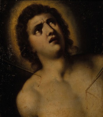 Unbekannter Maler, Italien, 1. Hälfte 19. Jh., Porträt des Hl. Sebastian nach Guido Reni, Öl/Lwd, mit altersbedingten Oberflächenschäden, ca. ...