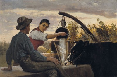 Luciano Nezzo, 1856-1903, Begegnung am Brunnen, junge Bäuerin tränkt eine Kuh, ein junger Mann betrachtet sie dabei, Öl/Lwd, mittig unten ...