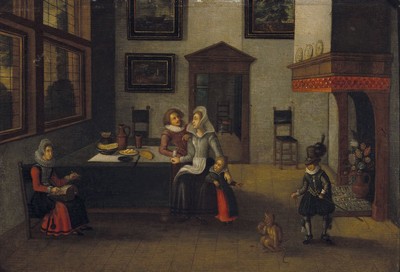Niederländischer Künstler, um 1680-1720, Interieur mit Familie am Esstisch, Ehepaar mit Kindern und Dame bei der Handarbeit, im Vordergrund ...