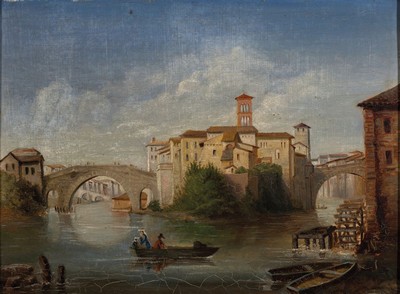Unbekannter Künstler, Mitte 19. Jh., Ansicht von Venedig, Öl/Lwd, unsigniert, krakeliert, Altersspuren, ca. 30 x 40 cm, Rahmen