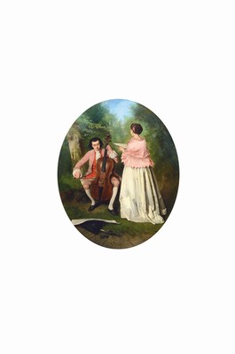 Eugéne Fichel, 1826 Paris - 1895, junger Cellospieler mit Sängerin, intime Darstellung eines jungen Paares in Parklandschaft, detailreiche ...