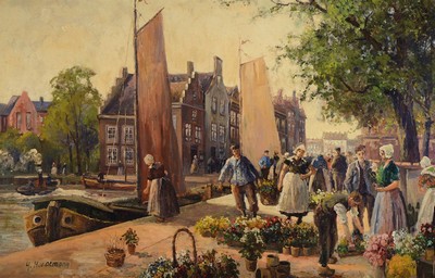 H. Hornemann, niederländischer Künstler, Mitte 20. Jh., Blumenmarkt an der Gracht, Öl/Lwd, li. u. signiert, ca. 73 x 115 cm, Rahmen 87 x 127 cm