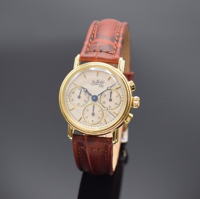 DU BOIS seltener Armbandchronograph in GG 750/000, Handaufzug, Schweiz 1990er Jahre, beids. vergl., Boden aufgedr., silb. Zifferbl. m. aufgel. ...