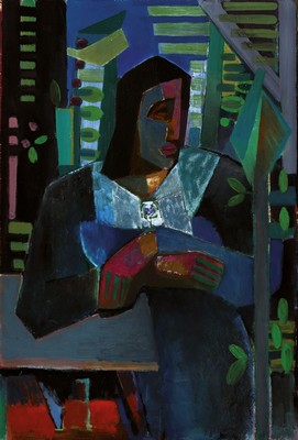 Walter Wohlschlegel, geb. 1907-1999, Titel: "Frau hinter Bäumen", verso sign., Acryl/Hartfaser, R., ca. 80x56 cm