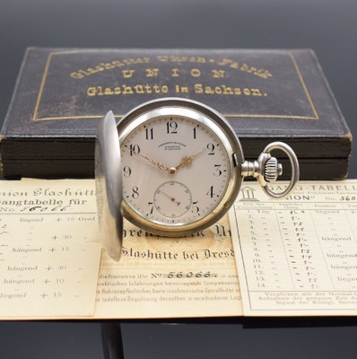 UHRENFABRIK UNION GLASHÜTTE IN SACHSEN schwere Silber-Savonette-Taschenuhr mit original Etui, Zertifikat und Gangtabellen, Werk- und Geh.-Nr. 56066, ...