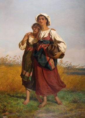 Luigi Bechi, 1830-1919 Florenz, Studium an der Accademie di Belle Arti Florenz, zwei Italienerinnen auf dem Heimweg von der Feldarbeit, Öl/Lwd, ...