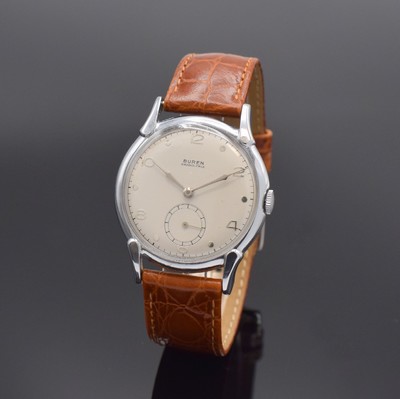 BUREN Grand Prix Herrenarmbanduhr, Schweiz um 1955, Handaufzug, verchr. Geh., Stahlboden (dell.) gedr., silb. Zifferbl., silb. Std.-Ind., Zeiger und ...
