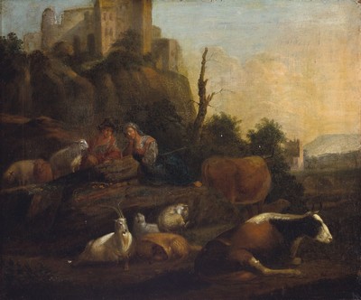 Maler des Spätbarock, deutsch, um 1760, 2 Pendants: Landshcaften mit Ruinen, Kühen, Schafen und Personen, Öl/Lwd, rückseitig jeweils bez.: Hiert ...