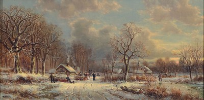 Hubert Kaplan, geb. 1940 München, Studium an der Akademie München, hier: Winterlandschaft mit Holzarbeitern und Personen, feine Miniaturmalerei, ...