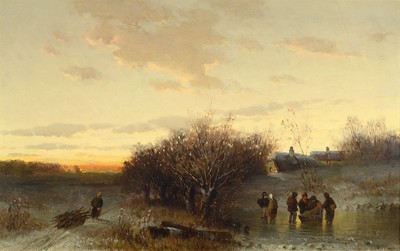 Adolf Stademann, 1824 - 1895 München, Unterricht bei Carl August Lebschee und Moritz Eduard Lotze, hier: um 1860, abendliches Eisvergnügen in ...