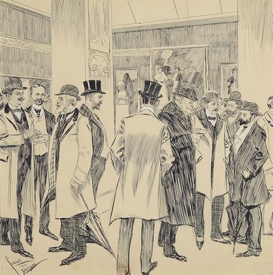 Eduard Cucuel, 1875 - 1954, "Die Leiter der Kunstausstellung", Tuschezeichnung, weiß gehöht, li. unten signiert und dat. 1901 Dresden, ...