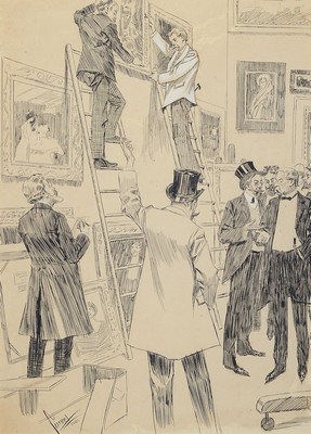 Eduard Cucuel, 1875 - 1954, "Hängekommission", Stellung", Tuschezeichnung, weiß gehöht, li. unten signiert, und dat. 1901 Dresden, ...