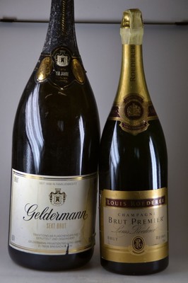 2 Flaschen, Jeroboam/Methusalem, Louis Roederer, Champagner Brut Permier, weiß, 3 Liter, 12 % vol, Etikett l. beschädigt, und 6 Liter Flasche ...