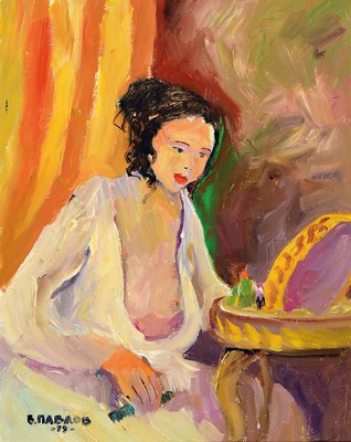 Boris Pavlov, 1928-2005, "Morgentoilette, Paris, 1979", Öl/Holz, unten links handsign., dat. (19)79, verso Echtheits-Klebeetikett mit der ...