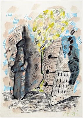 Markus Lüpertz, geb. 1941, Aquarell, farbige Kreide, Kohle und Bleistift auf Papier, unten rechts mit grüner Kreide mit "Markus", ...