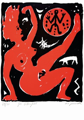 A.R. Penck, 1939-2017, Titel: "Für Bitterfeld-Roter Frauenakt", handsign., num., Blatt ca. 89,5x62,3 cm, R. ca. 93x65,5 cm
