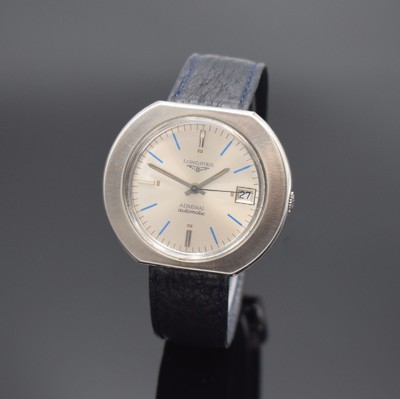 LONGINES Admiral Herrenarmbanduhr in Stahl Referenz 8581-1, Schweiz um 1970, Automatik, gedr. Monocoque-Geh., silb. Zifferbl. rest., blaue u. silb. ...
