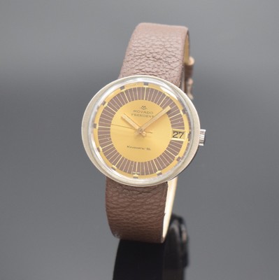 MOVADO President Kingmatic S Herrenarmbanduhr in Stahl, Schweiz um 1970, Automatik, FB- Monocoque-Geh., gold. Zifferbl. m. braunem Minutenring, Datum ...