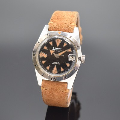 LE CHEMINANT Master Mariner Herrensportuhr in Stahl, Schweiz um 1960, Automatik, verschr. Geh., Stahl-Drehlünette m. 60er-Tlg., schwarzes Zifferbl. ...