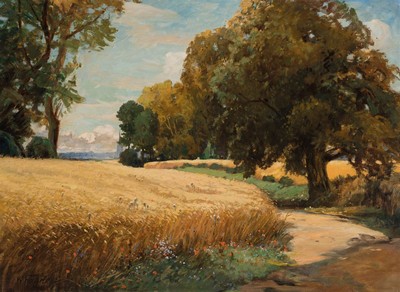 Karl Wagner, 1839 Karlsruhe-1923 Düsseldorf,Feldweg zwischen Bäumen und Getreidefeld, Öl/Lwd, links unten signiert, ca. 70x95cm, R. ca. 83x108cm