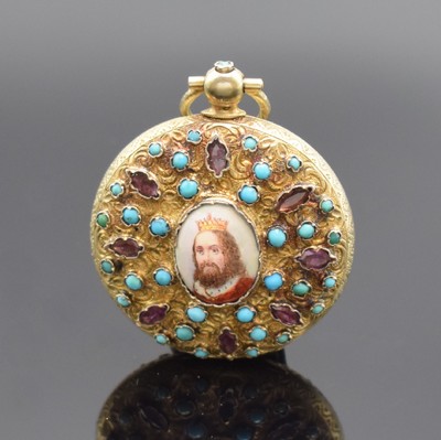 Vergoldete Spindeltaschenuhr mit Steinbesatz, Schweiz um 1820, späteres, verg. Silbergehäuse, im Zentrum königliches Email-Portrait, ...