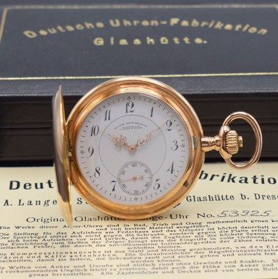 A. LANGE & SÖHNE DUF Savonette in RG 585/000, Deutschland um 1905, guill. 3- Deckel Goldgeh. dell./ber., Sprungdeckel m. Schmuckmonogramm, Cuv. m. ...