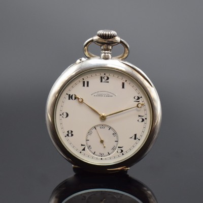 A. LANGE & SÖHNE DUF offene Herrentaschenuhr in Silber, Deutschland um 1920, guill. Geh., Goldscharniere, 2-teil. Emailzifferbl., ...