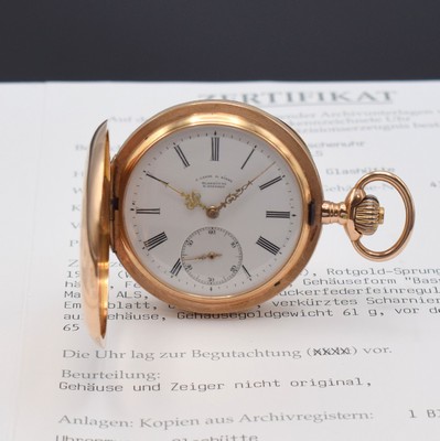 A. LANGE & SÖHNE 1A Taschenuhrwerk im neutralen RG 585/000 Gehäuse, lt. beil. Stammbuchauszug wurde das Werk im original Gehäuse 1898 an RICHARD ...