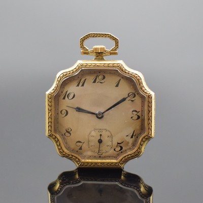 Offene Herrentaschenuhr in GG 750/000, Schweiz um 1925, ausgefallenes, streifenguill. Geh. , Ränder und Bügel floral grav., silb. Zifferbl. ...