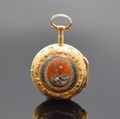 GIDE Email-Spindeltaschenuhr in RG 750/000, Frankreich um 1780, rückseitig auf guill. Grund, polychrom transluzid emailliert, umrandet von ...