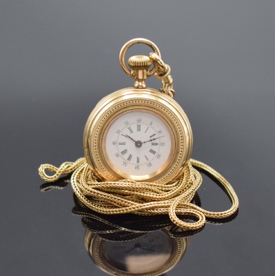 Offene Zylinder Damentaschenuhr in RG 585/000 an langer RG 585/000 Kette mit Schieber, Schweiz um 1880, rücks. guill. und floral graviert m. ...