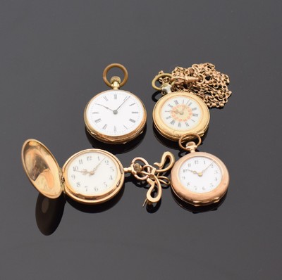 Konvolut 4 Gold Damentaschenuhren, Schweiz um 1900, 3 x 14k und 1 x 8k Gold, 3 x offen, 1 x System Glashütte Savonette, grav. und guill. Gehäuse, ...
