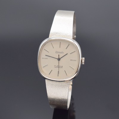 PRIMATO Herrenarmbanduhr in WG 333/000, Schweiz um 1965, Handaufzug, 2-teil. Gehäuse, Boden aufgedr., silb. Zifferbl. m. aufges. Std.-Ind., Kal. ETA ...