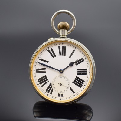 Übergroße Taschenuhr / Eisenbahneruhr im vernickelten Gehäuse, Schweiz um 1910, D. ca. 76 mm, glattes Geh. l. dell., Emailblatt m. fetten röm. ...