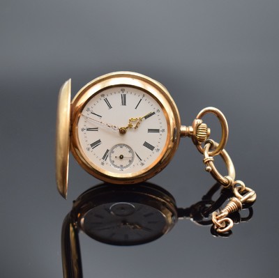 FAUVETTE HAD. Savonette Herrentaschenuhr in RG 585/000, Schweiz um 1900, guill. 2-Deckel Goldgeh. dell., verg. Cuv., Emailzifferbl. m. röm. Std., ...