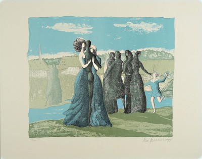 Mac Zimmermann, Stettin 1912 - 1995 Wasserburg am Inn, zwei Werke, Mischtechnik Unikat und Lithographie, a. sich umarmendes Paar mit steigenden ...