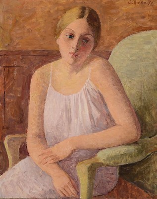 Helmut Collmann, Rehlingen 1918 - 1996 Saarbrücken, Öl/Lwd, "Veronique", junge Frau im rosafarbenem Kleid, Dreiviertelporträt, re. oben ...