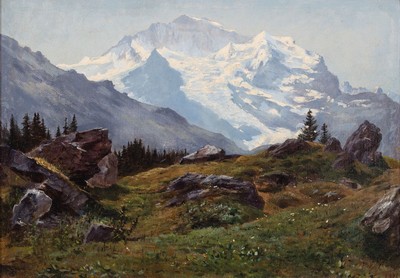 E. Ney, Malerei um 1919, Gebirgslandschaft mit Blick auf die Berner Alpen mit Jungfrau, Öl/Lwd, re. u. signiert und dat. 19 in Rot, ca. 30 x 43 cm, ...