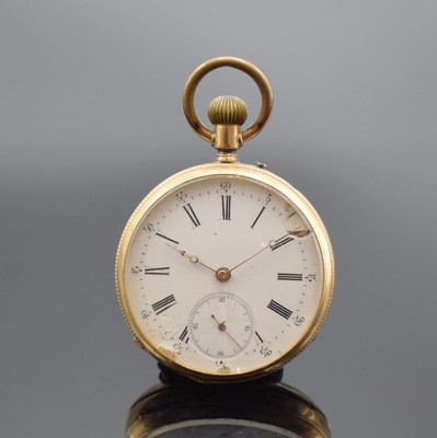 Offene Taschenuhr in GG 585/000, Schweiz um 1900, Metallcuvette, Emailzifferbl. besch., röm. Zahlen, gold. Zeiger, Ankerwerk nicht gehf., D. ca. 46 ...