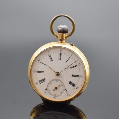 Offene Taschenuhr in GG 750/000, Schweiz um 1890, Metallcuvette, Emailzifferbl. besch., röm. Zahlen, arab. Minuterie, gold. Zeiger, Zylinderwerk, D. ...