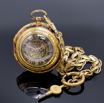 Spindeltaschenuhr für den osmanischen Markt,um 1800, verg. Geh. unter Übergeh., rück- und vorderseitig Malerei unter Schildpatt (teils ...