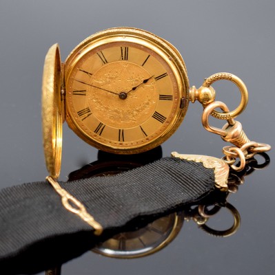 Damen-Halbsavonette in RoseG 750/000, Schweiz um 1870, floral grav. 3-Deckel Goldgeh., Rückdeckel m. Monogrammspiegel, gold. Zifferbl. im Zentrum ...