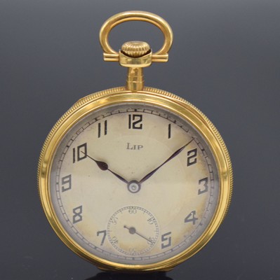 LIP offene Taschenuhr in GG 750/000, Frankreich um 1920, Geh. m. Münzrand, Rückdeckel m. Streifendekor dell., Goldcuvette, Metallzifferbl. m. arab. ...